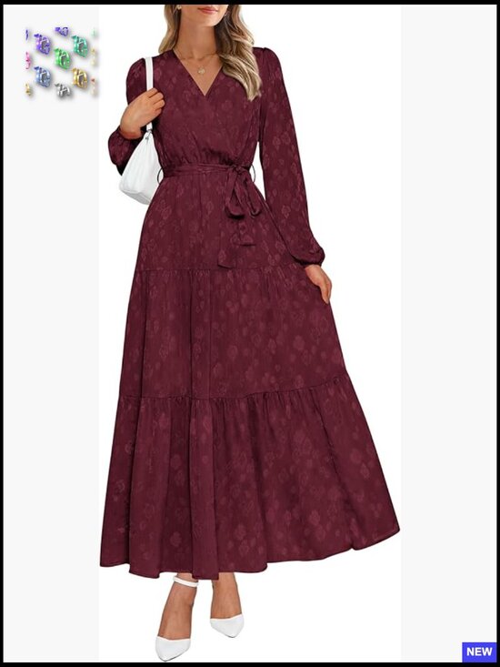 Dresses & Skirts - Long Sleeve Wrap V Neck Floral Maxi Dress Boho Chiffon Flowy Tie Waist